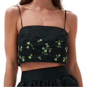 Ganni Floral Embroidery Beaded Crop Tank Black Green 2 Fancy Cocktail Glam Party